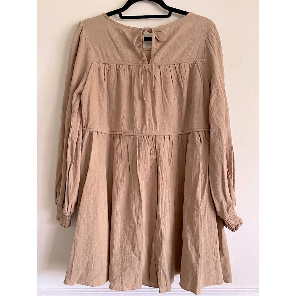NWT Loveriche Tan Babydoll Mini Dress Tunic with Bow tie Back and Long Sleeves L - Picture 2 of 7